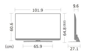 寸法図。本体の厚みは9.6cm。壁掛け時にはこれに壁掛け金具の厚みが加わります。
