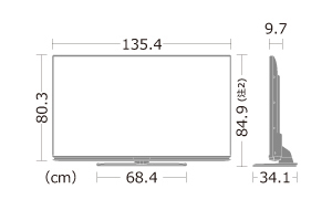 壁掛け時の本体サイズは135cm×80cm。厚みは9.7cm。これに金具の厚みがプラスされます。
